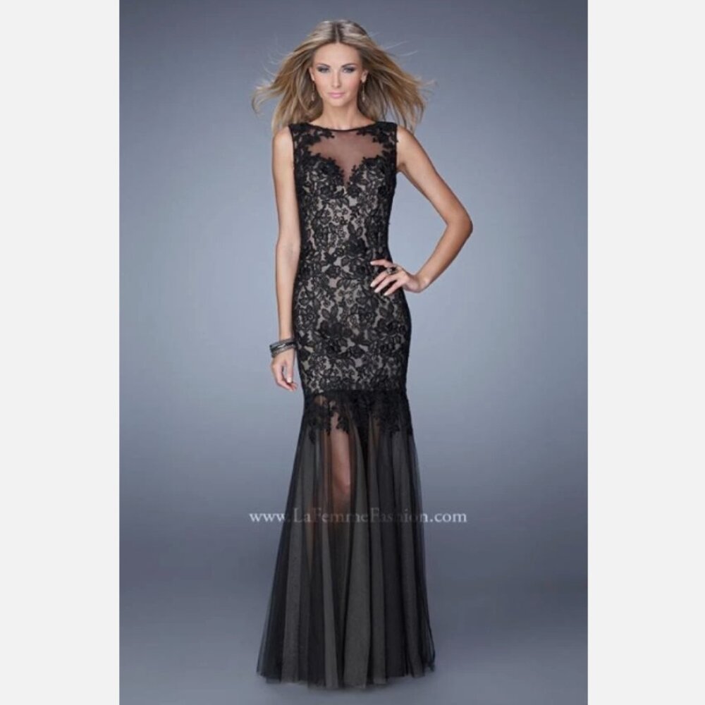 NWT 8 Black La Femme style # 21365 Black/ Nude Lace Mermaid Formal Prom Dress